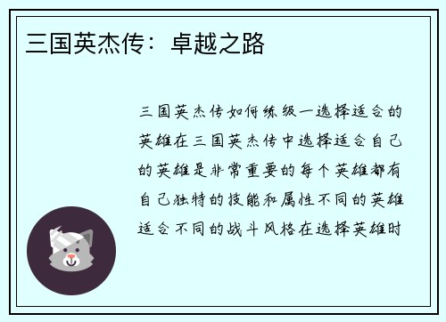 三国英杰传:卓越之路